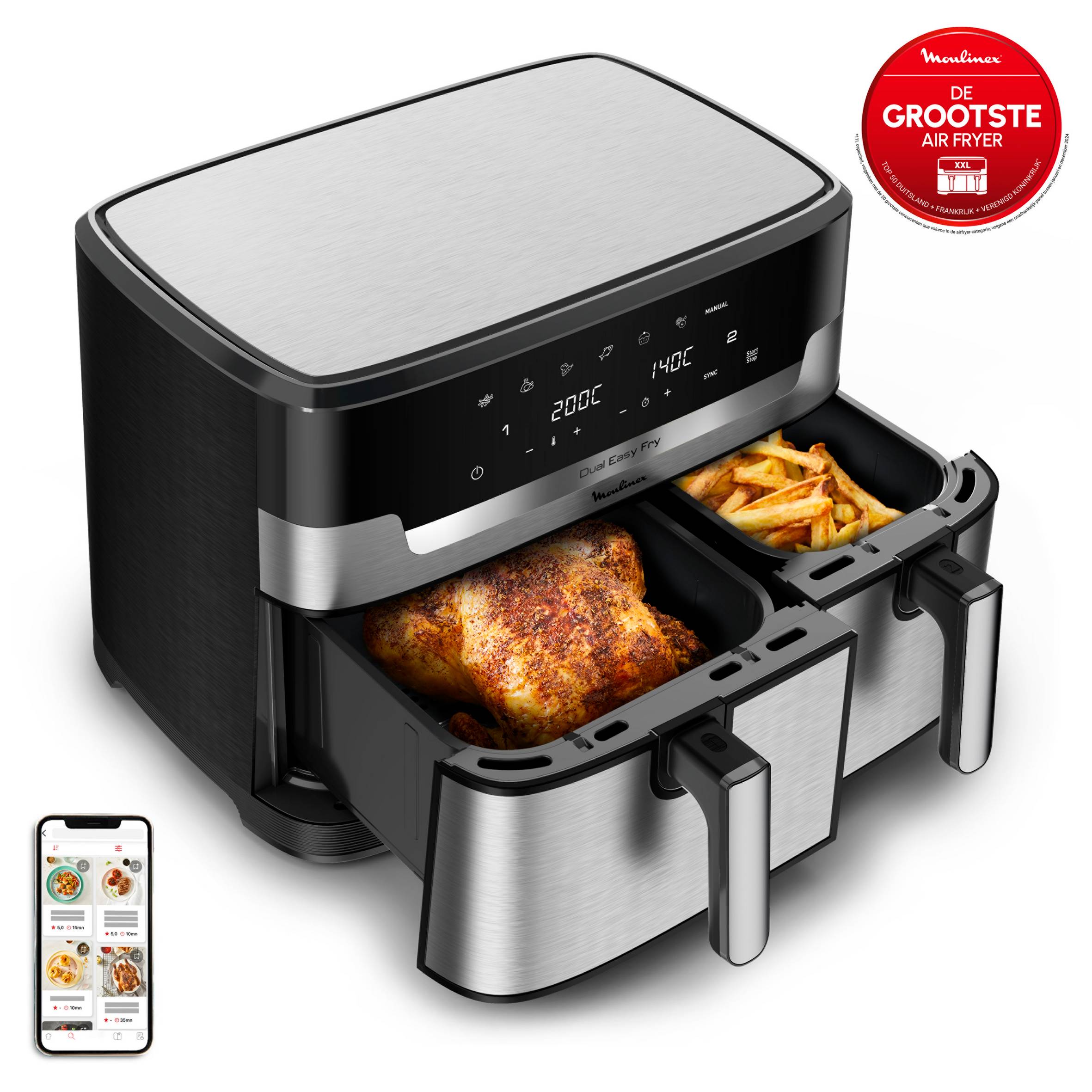 XXL Dual Easy Fry, XXL dubbele air fryer, gesynchroniseerde bereiding, 11 L inhoud, +8 personen