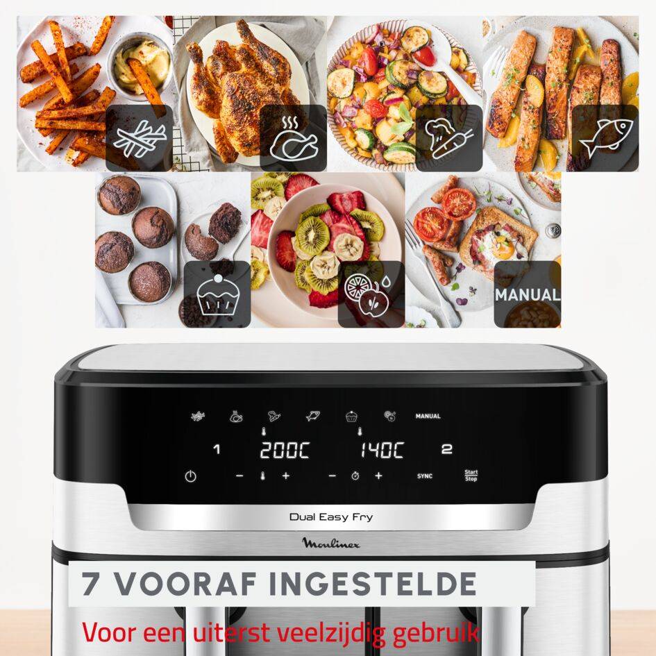 XXL Dual Easy Fry, XXL dubbele air fryer, gesynchroniseerde bereiding, 11 L inhoud, +8 personen