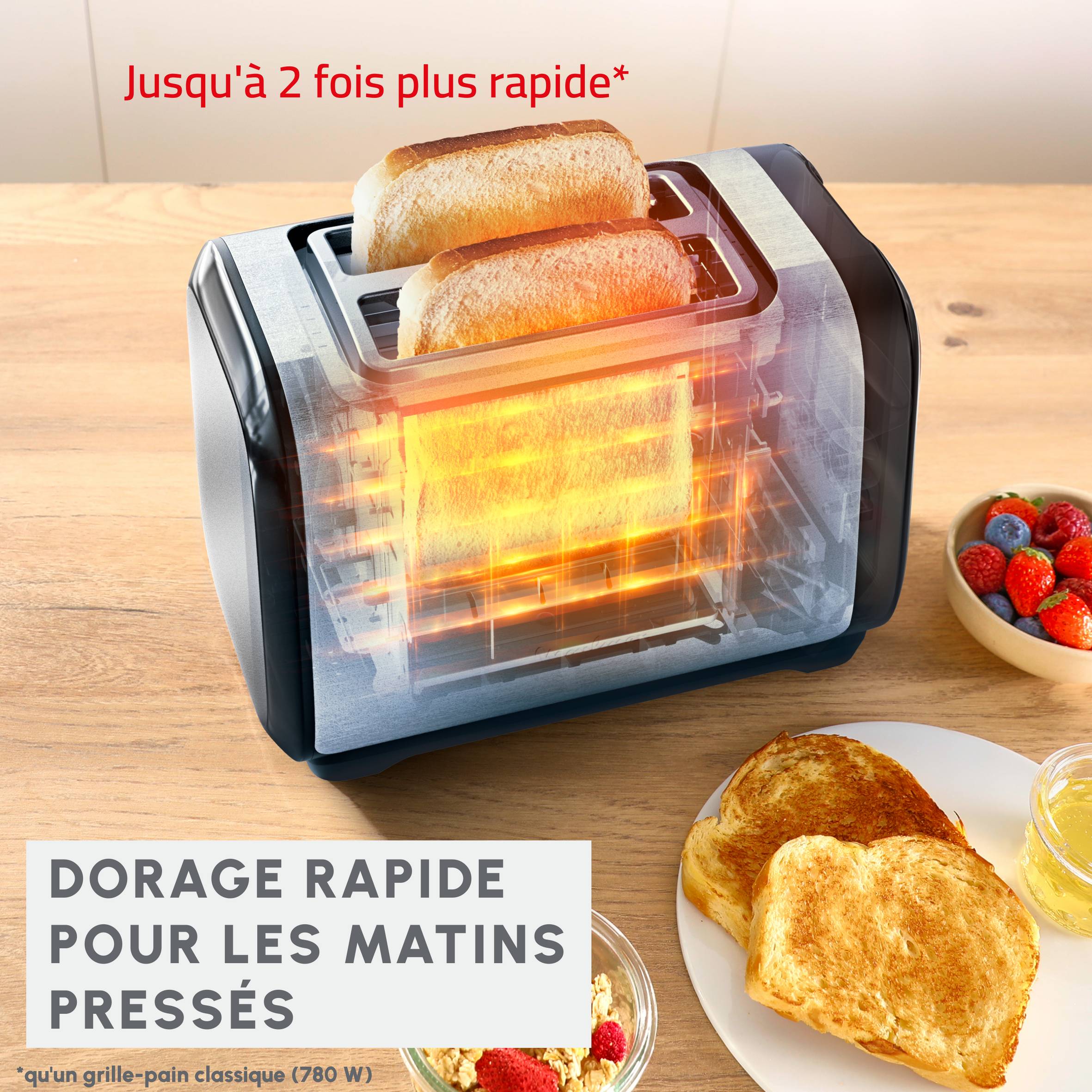 Subito, Grille-pain 2 fentes, Dorage plus rapide, Économies d'énergie, Noir et inox