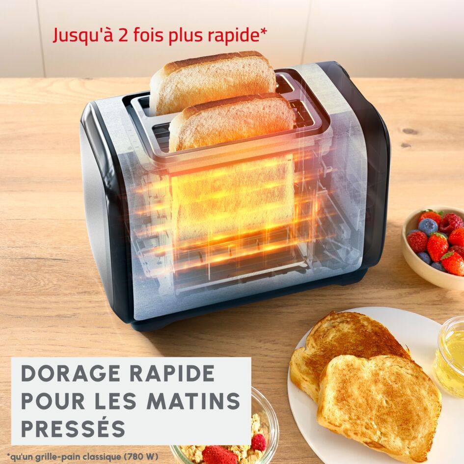 Subito, Grille-pain 2 fentes, Dorage plus rapide, Économies d'énergie, Noir et inox