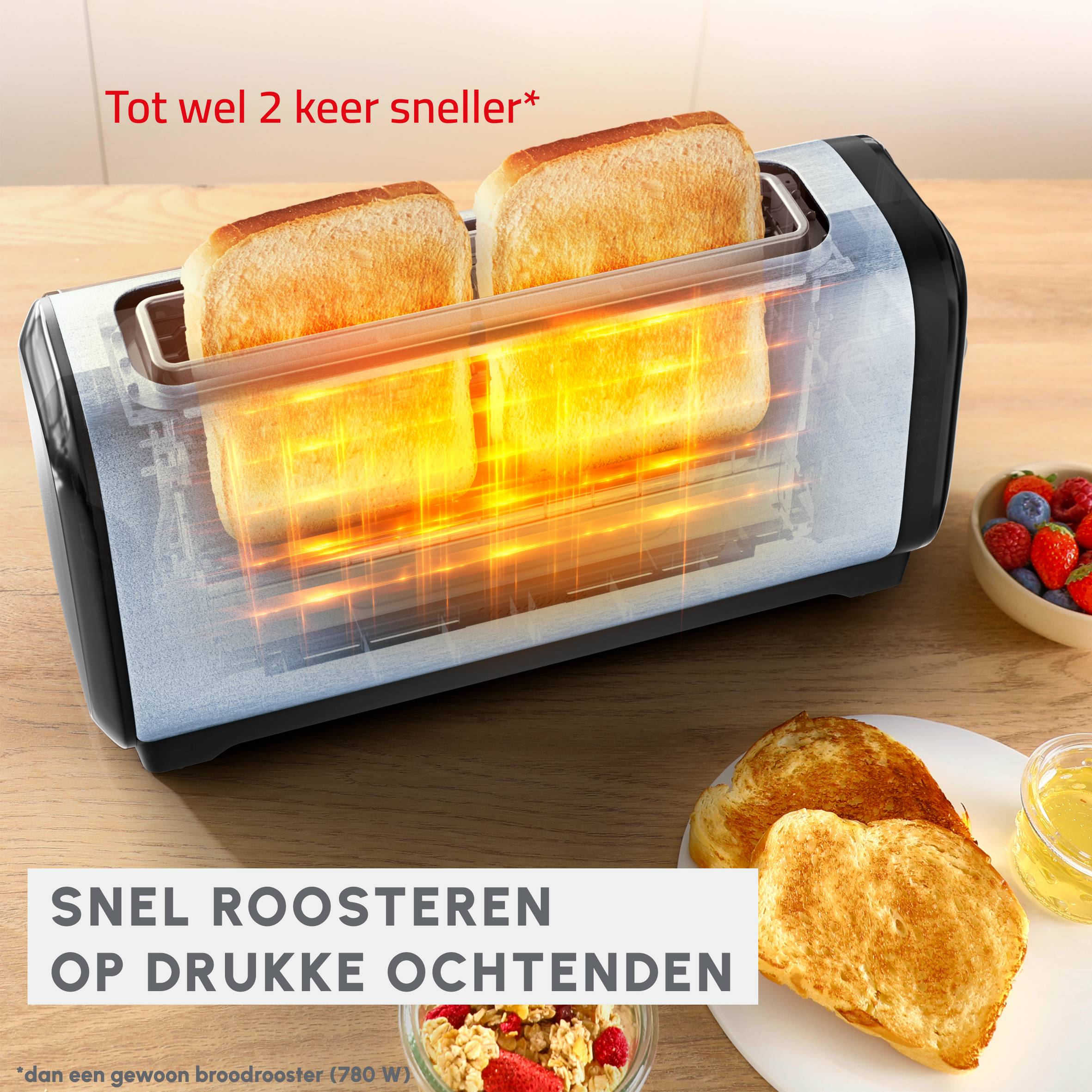 Subito, broodrooster met lange sleuven, sneller roosteren, energiebesparend, zwart en inox