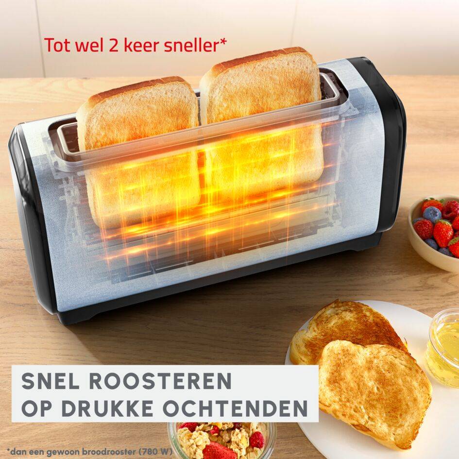 Subito, broodrooster met lange sleuven, sneller roosteren, energiebesparend, zwart en inox