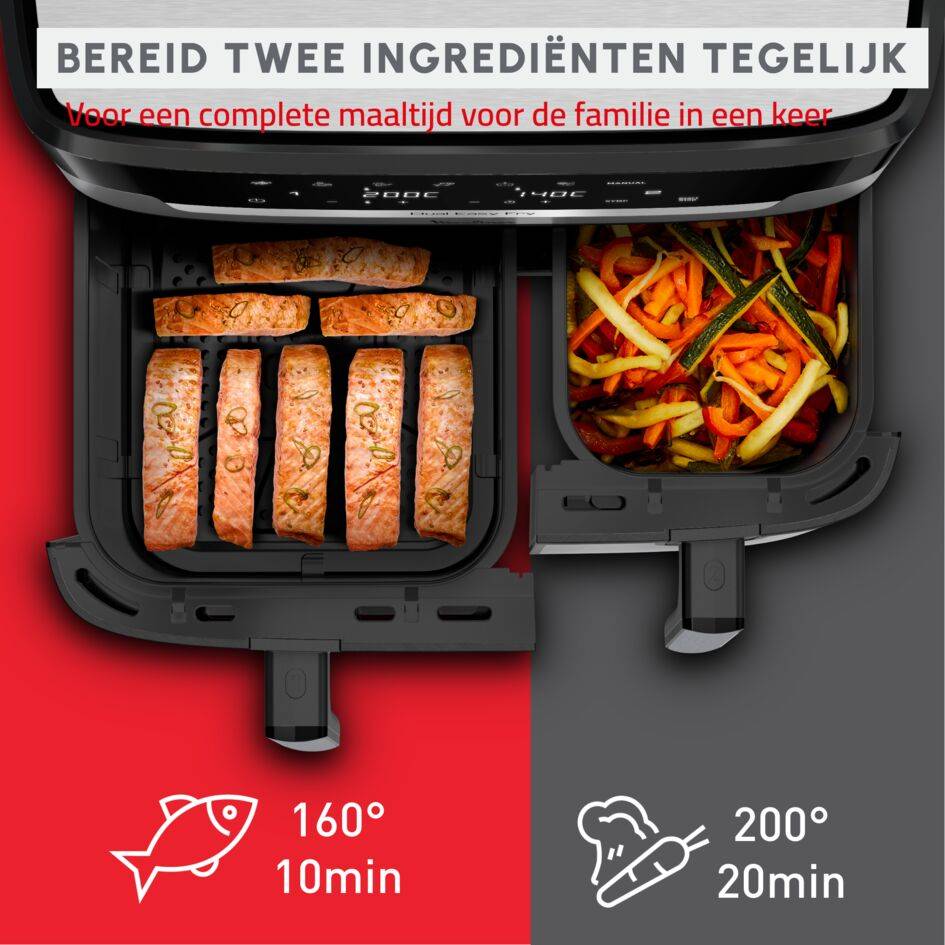 XXL Dual Easy Fry, XXL dubbele air fryer, gesynchroniseerde bereiding, 11 L inhoud, +8 personen
