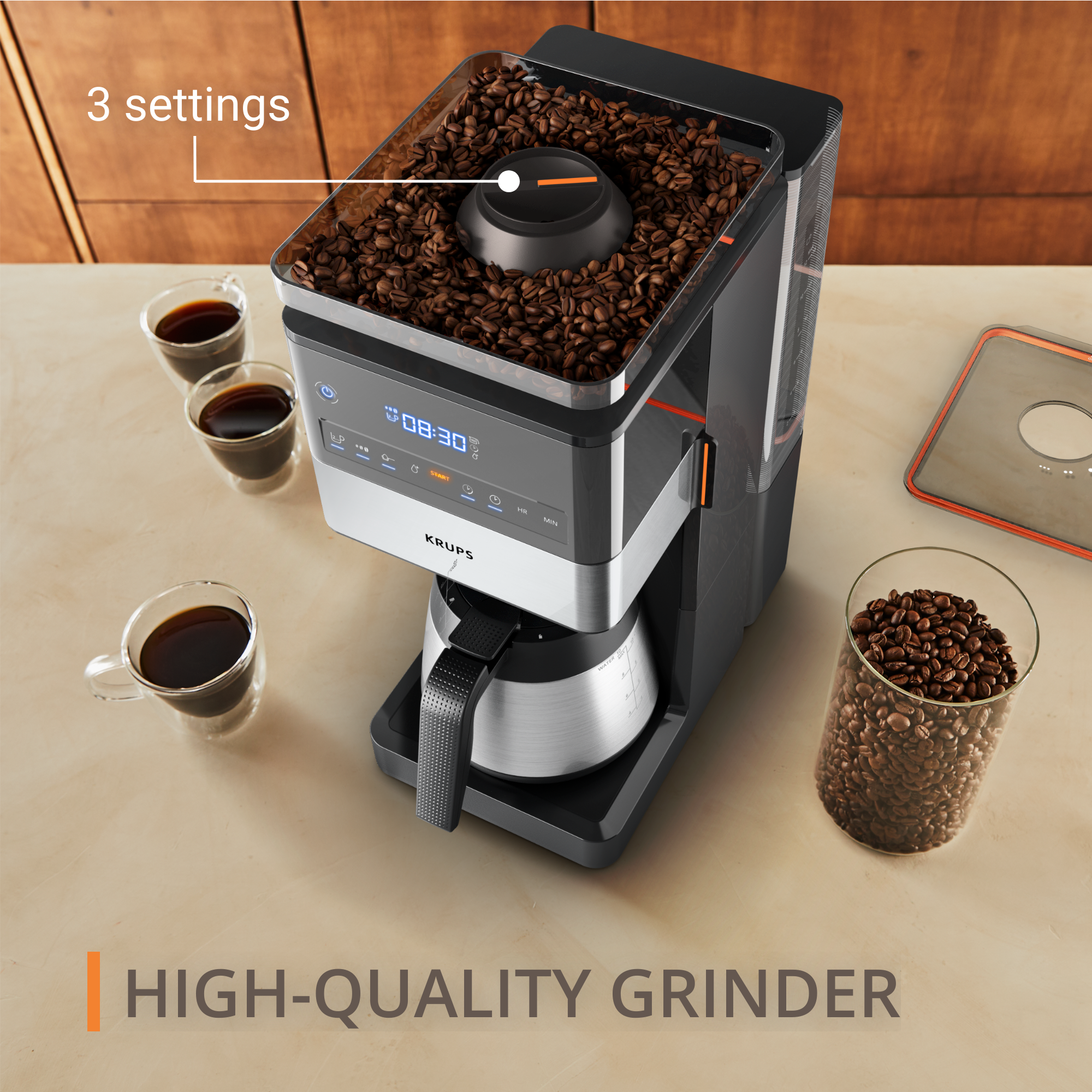Grind Aroma XL, filterkoffiezetapparaat, verwijderbare kegelvormige koffiemolen, thermoskan