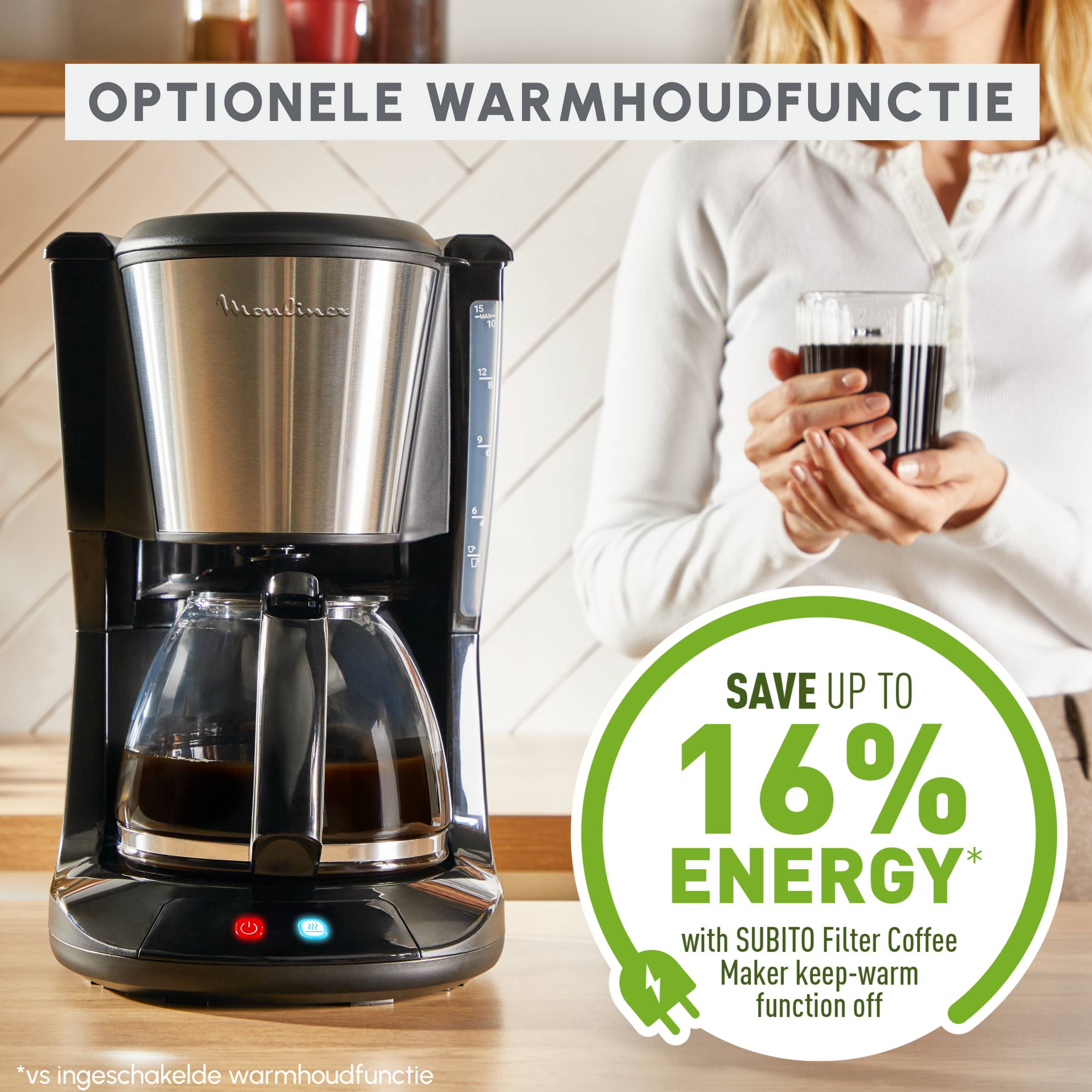 Subito, filterkoffiezetapparaat, optionele warmhoudfunctie, modern ontwerp, zwart en inox
