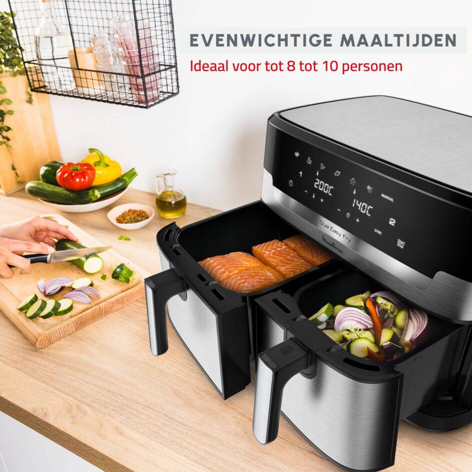 XXL Dual Easy Fry, XXL dubbele air fryer, gesynchroniseerde bereiding, 11 L inhoud, +8 personen