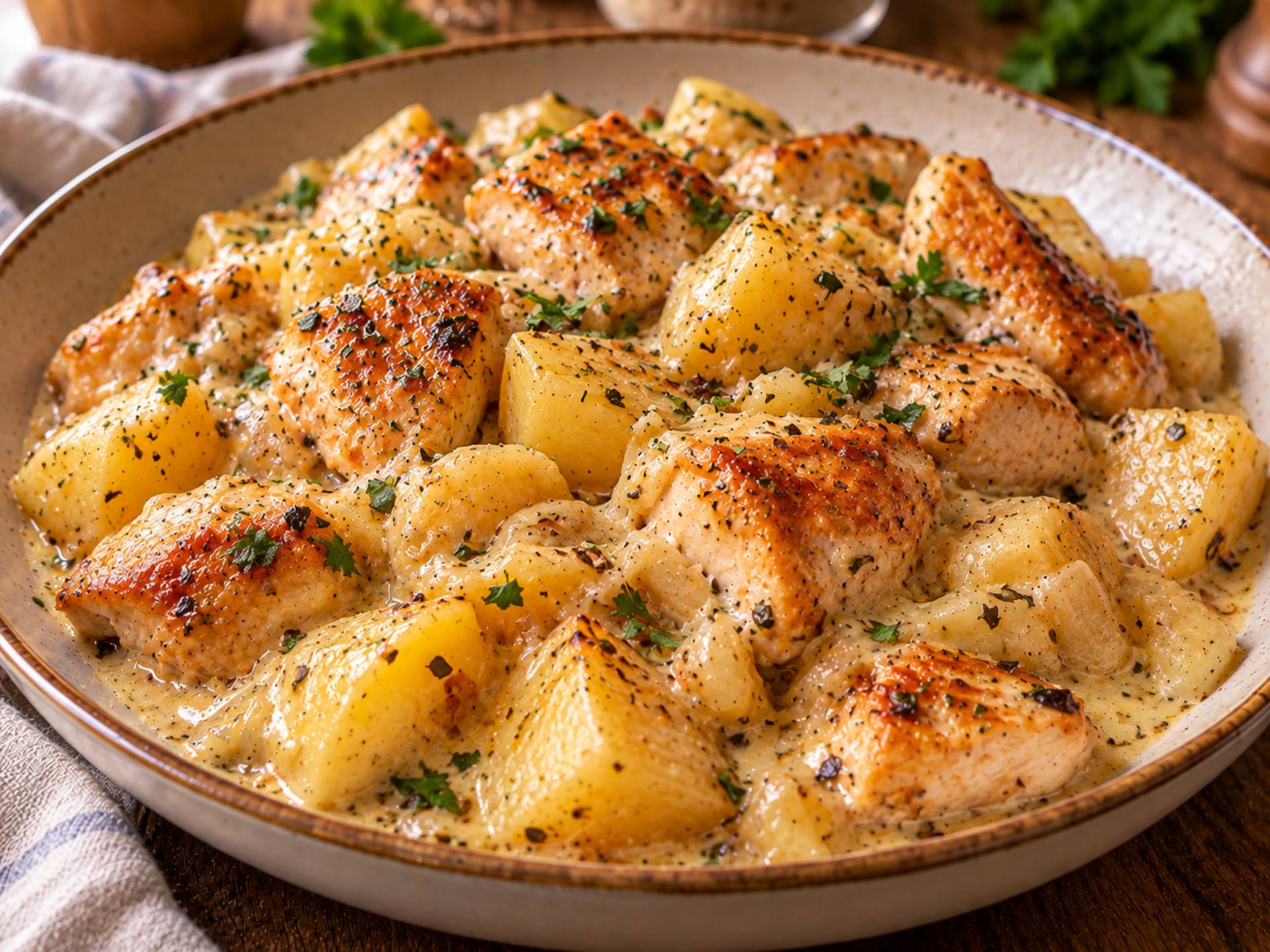 Pommes de terre fondantes au poulet et à la crème fraîche - Recette Cookeo V3 | Moulinex