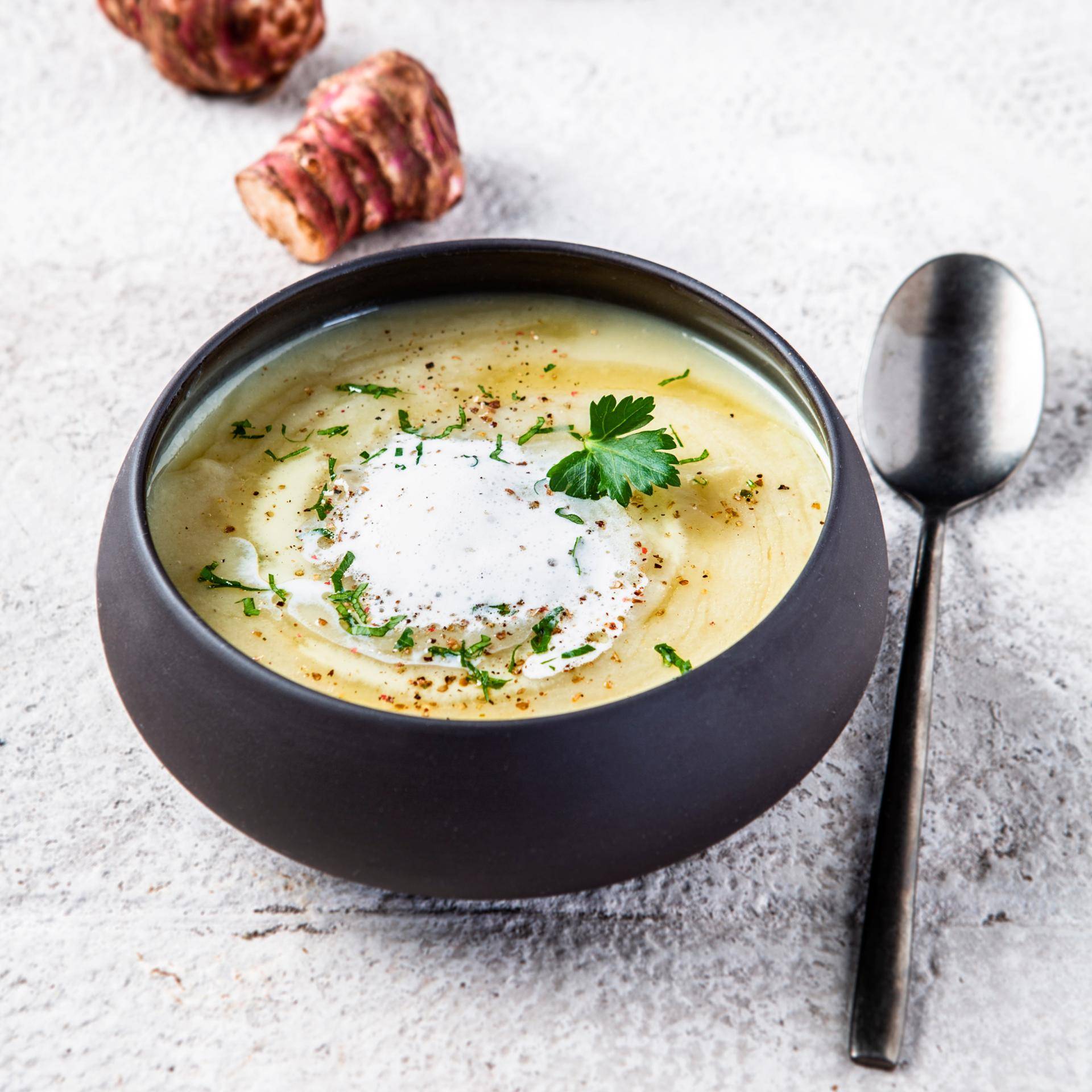 Crème de topinambours, écume de lard et huile de noisette - Recepten Quickchef | Moulinex