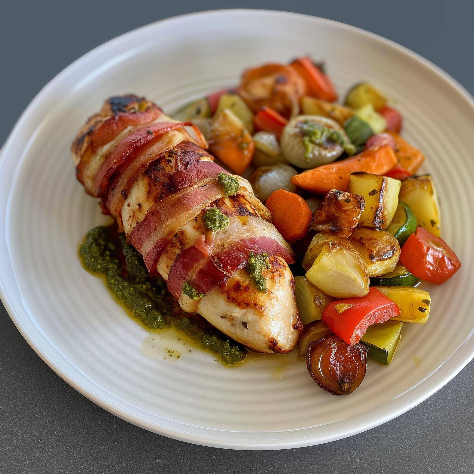Kipfilets met spek en groenten met rode pesto - Recepten Easy Fry Mega | Moulinex