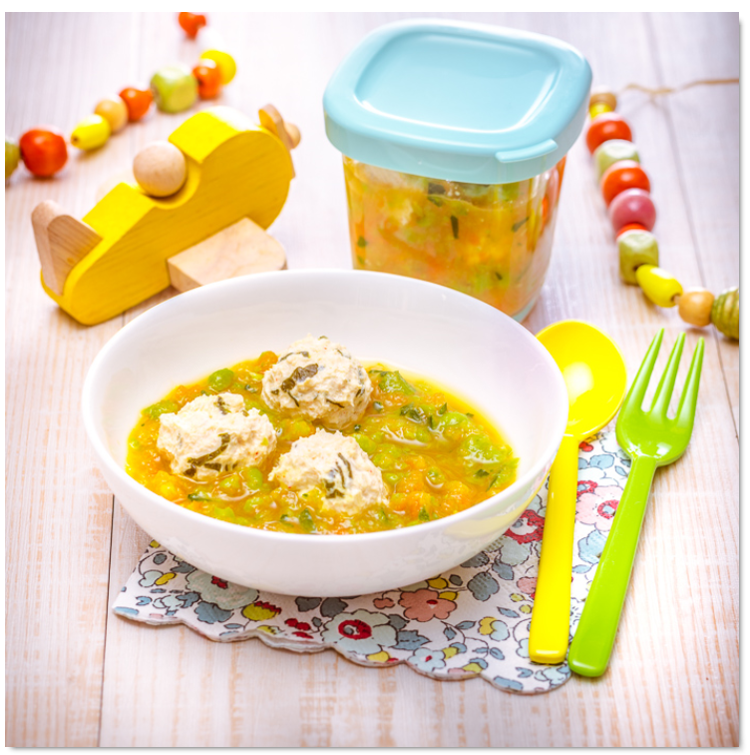 Petits légumes et boulettes de blanc de poulet pour bébé - Recepten Companion | Moulinex