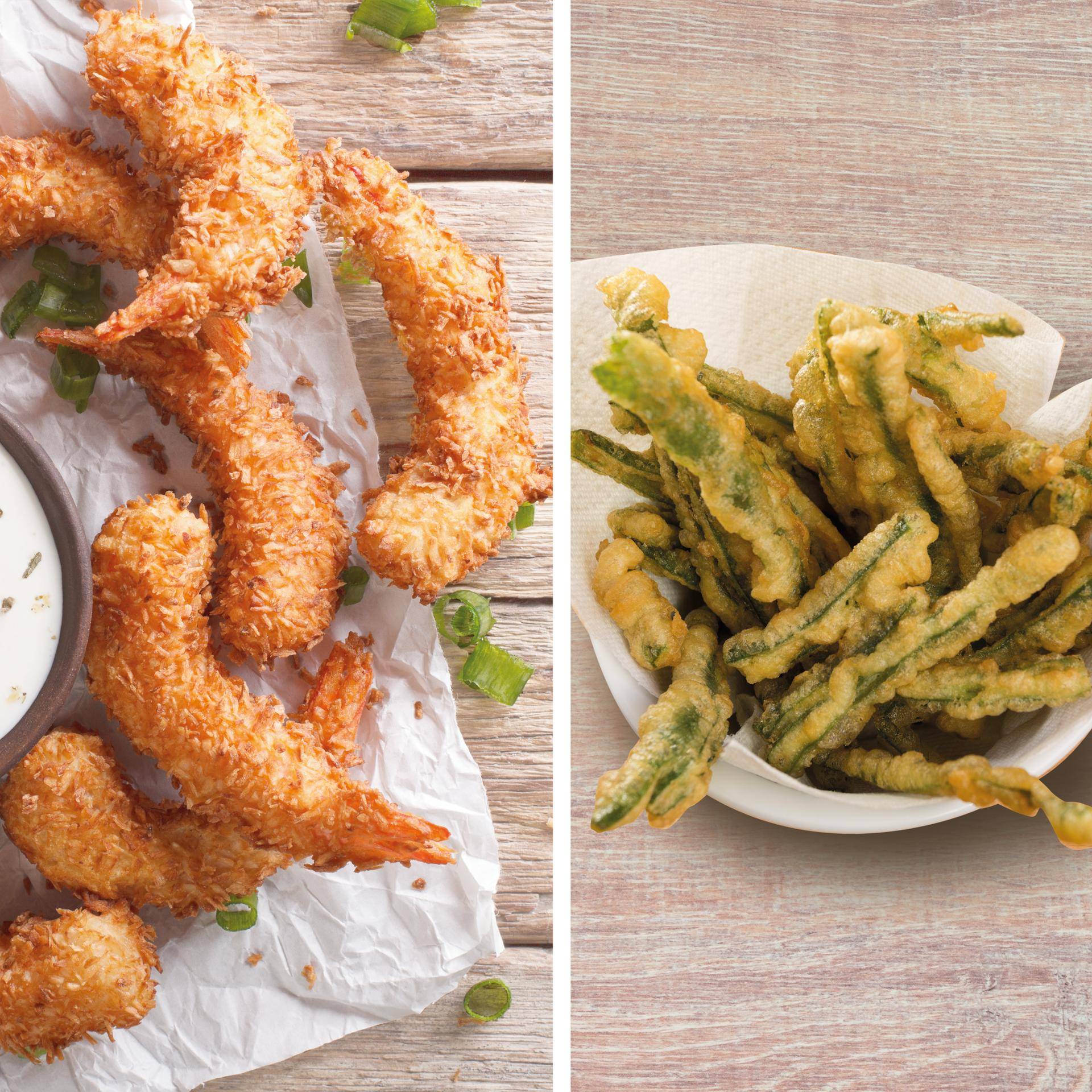 Tempura de crevettes et haricots verts panés à la bière - Recette DUAL EASY FRY XXL | Moulinex