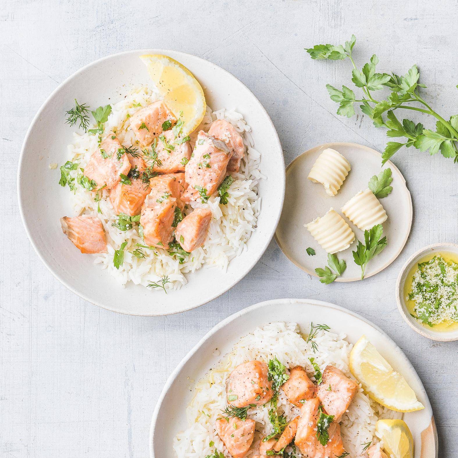 Zalmhapjes met knoflookboter - Recepten Easy Fry Mega | Moulinex