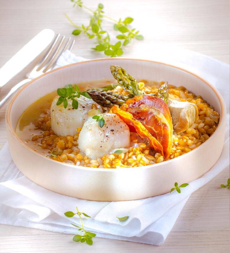 Risotto d’épeautre, Saint-Jacques et chips de Pancetta - Recette Companion Connect | Moulinex