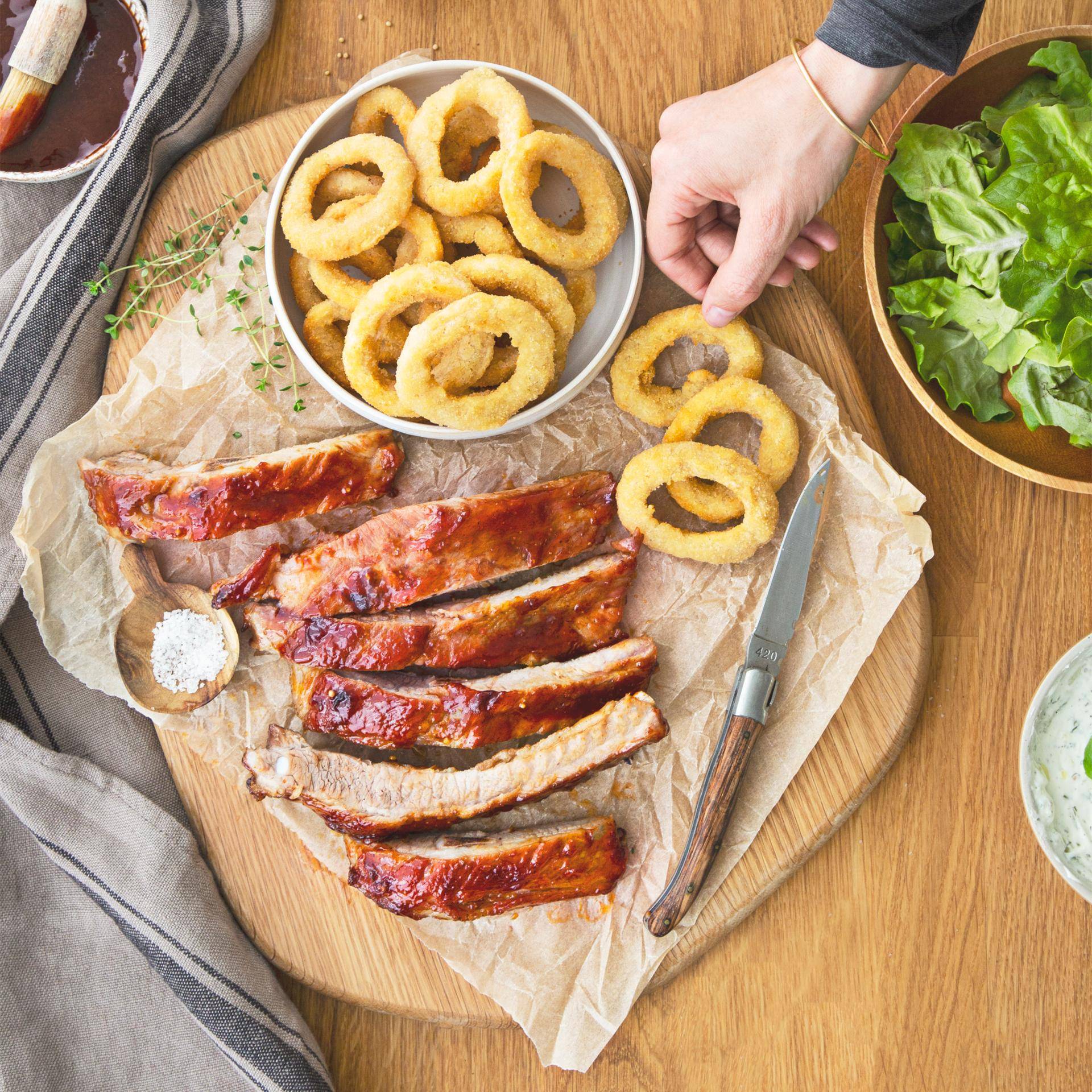 Ribs et onion rings - Recette Dual EasyFry&Grill | Moulinex