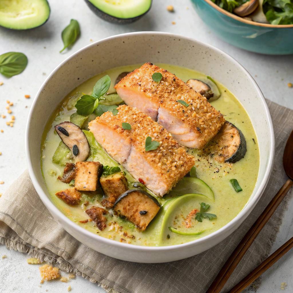 Curry vert au lait de coco, saumon en croûte panko, coriandre, gingembre - Recette Cookeo Infinity 16in1 | Moulinex