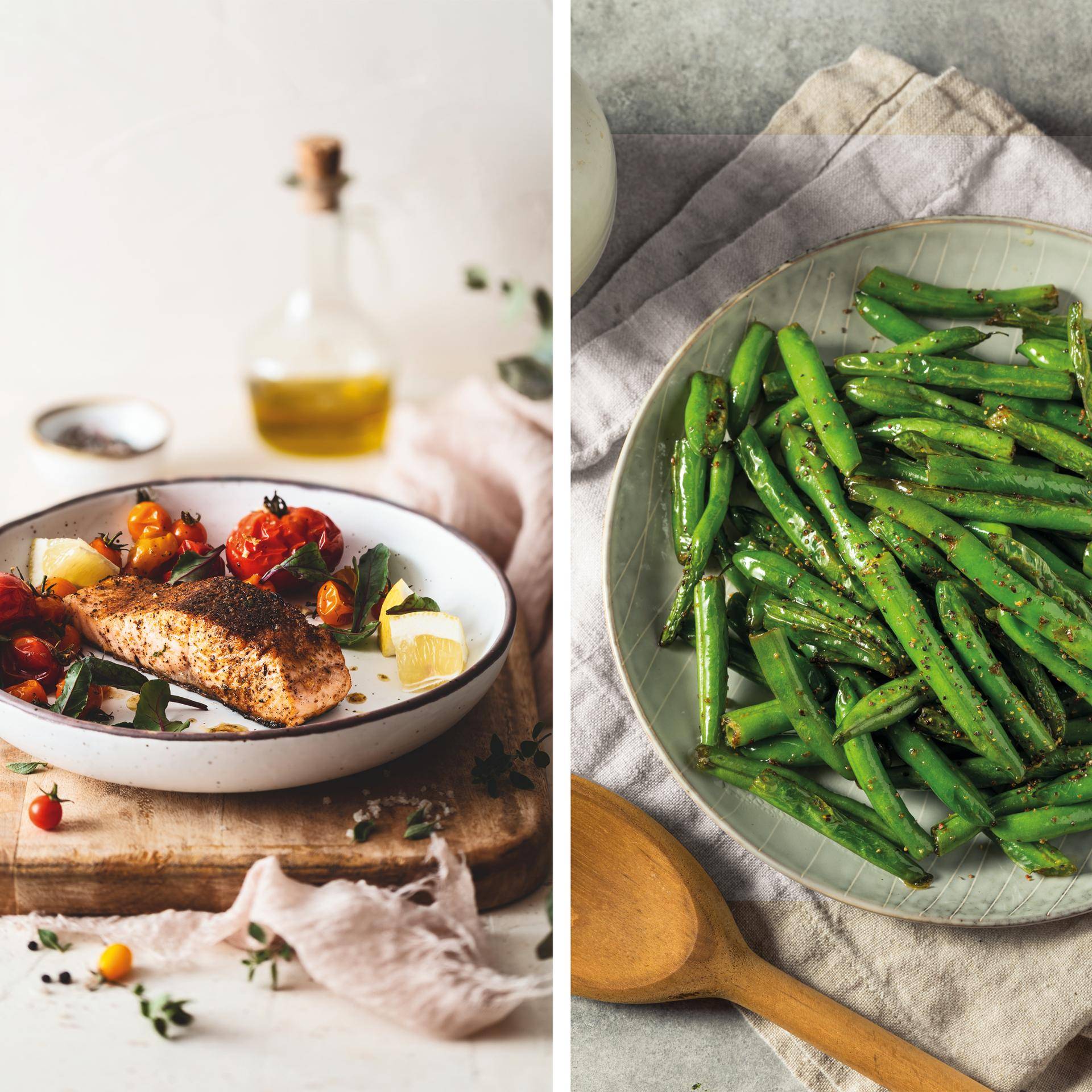 Saumon cajun et haricots verts à l'ail - Recette DUAL EASY FRY XXL | Moulinex