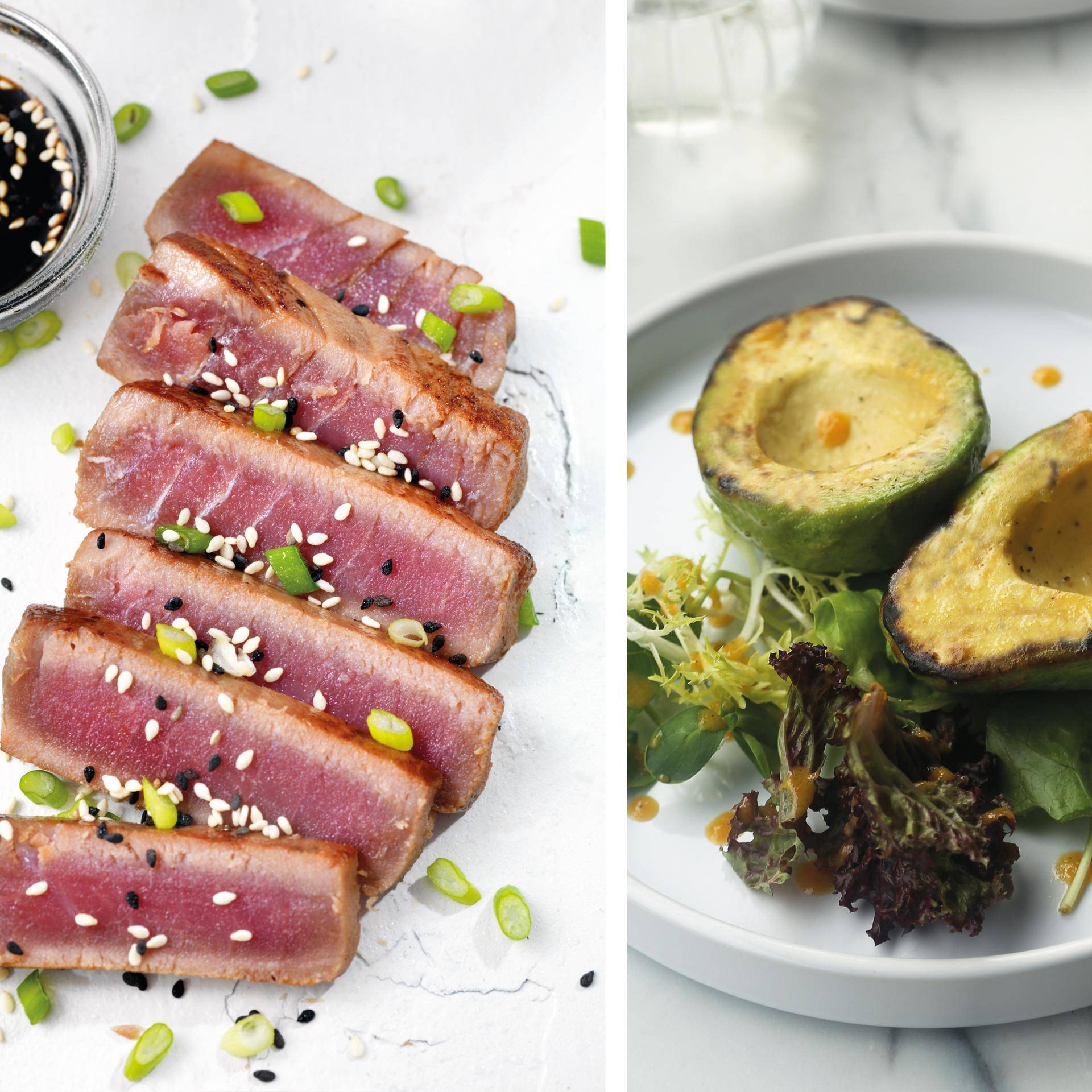 Thon grillé au sésame et avocat rôti - Recette Dual EasyFry&Grill | Moulinex