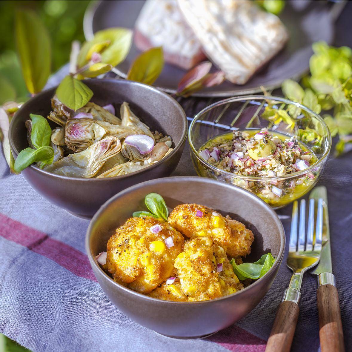Poêlée d’artichauts, sauce aux olives et basilic et croquettes de maïs - Recette Companion Connect | Moulinex