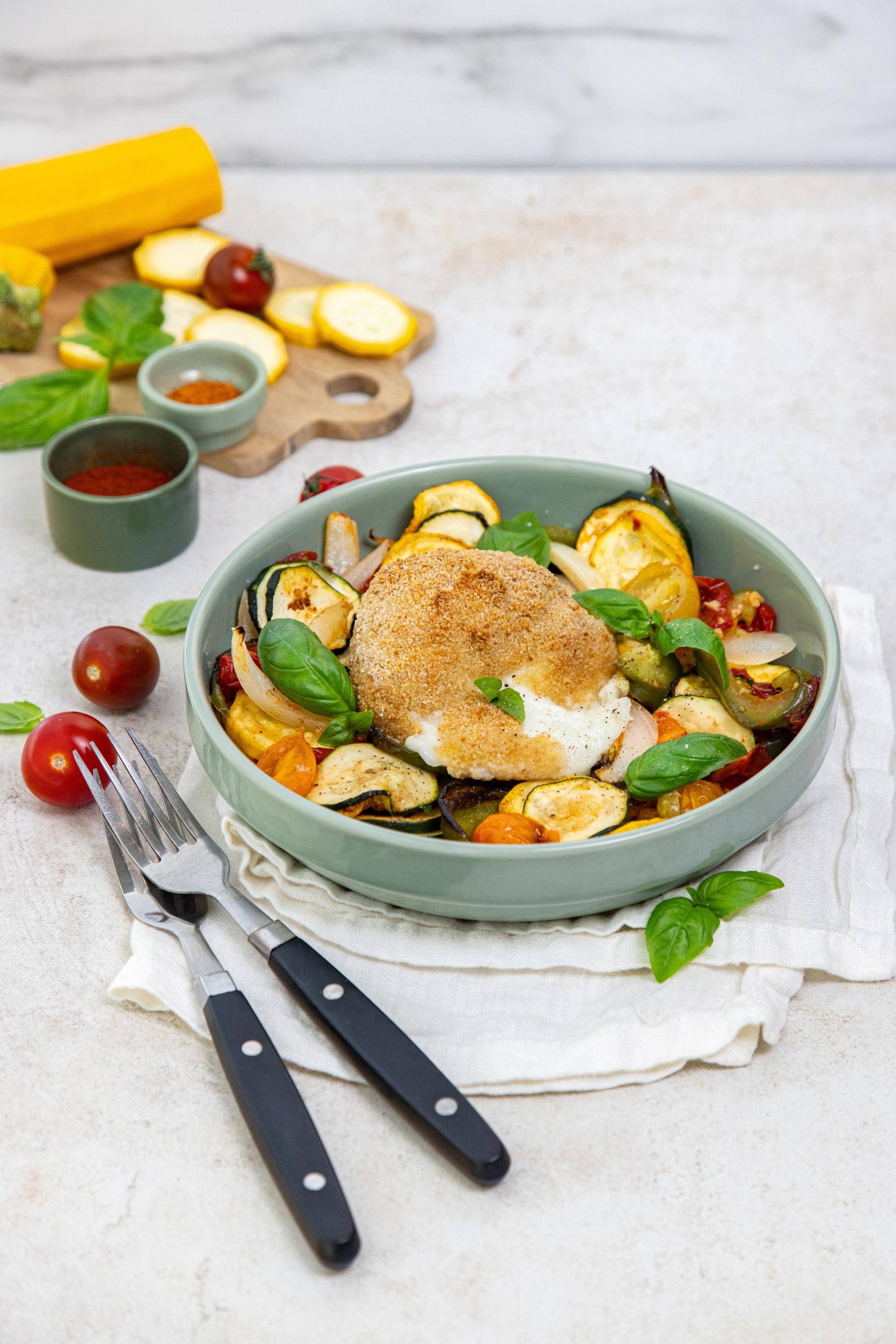 Burrata panée, salade de légumes rôtis - Recette DUAL EASY FRY XXL | Moulinex
