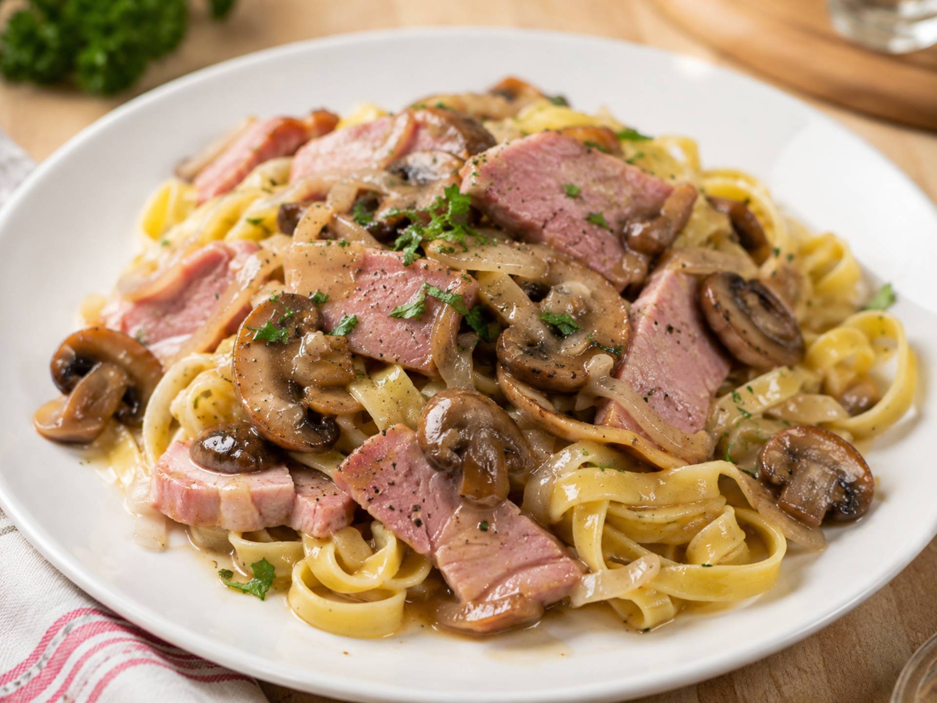 Jambon braisé aux champignons et tagliatelles - Recette Cookeo 10in1 | Moulinex