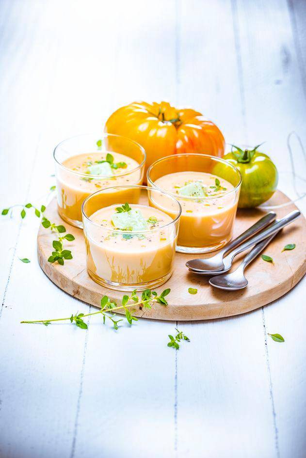 Gaspacho de tomates jaunes, glaçons de tomates vertes - Recepten Perfectmix + | Moulinex