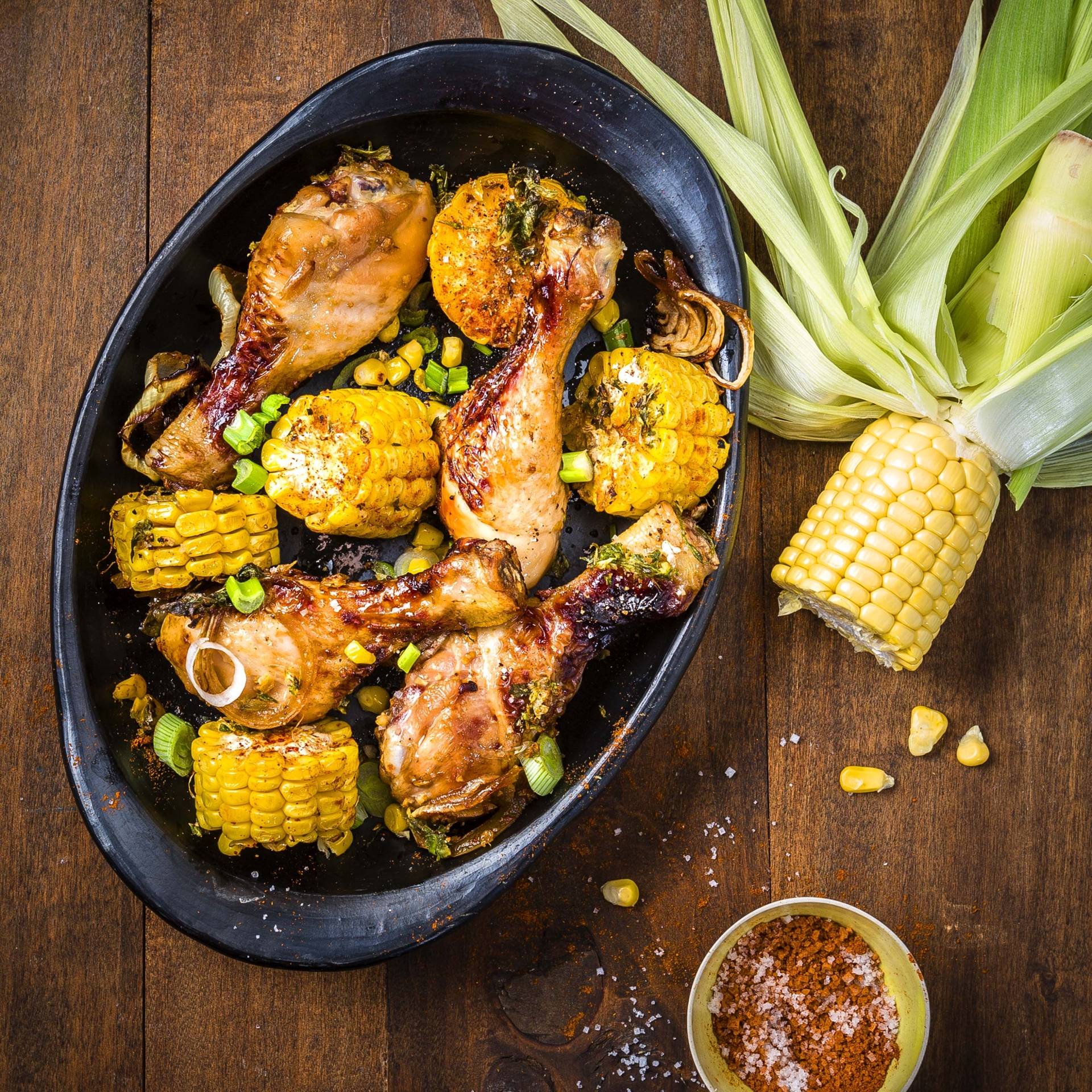 Gekarameliseerde kipdrumsticks met gember en geroosterde mais - Recepten EASY FRY & GRILL 2 in 1 XXL | Moulinex