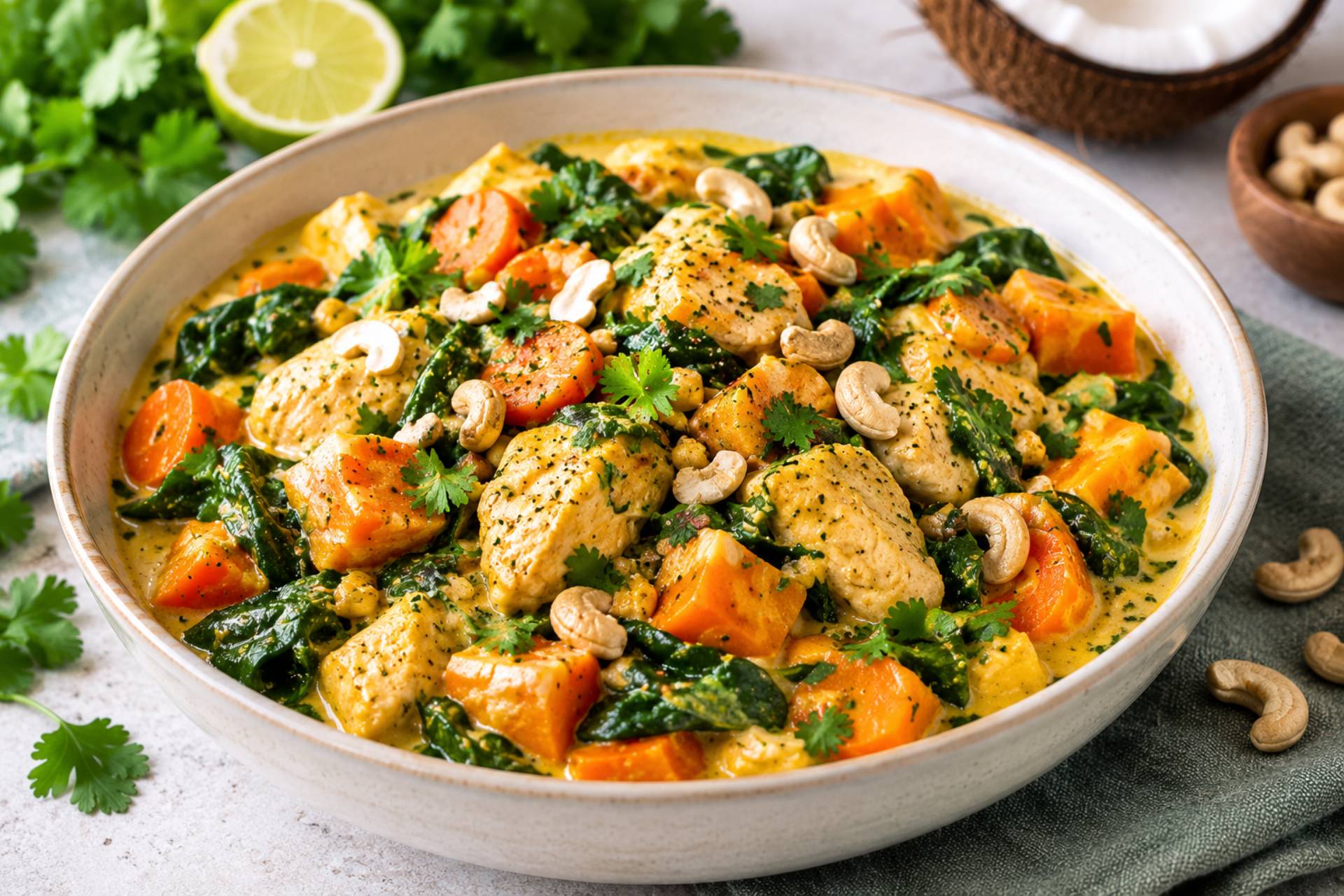 Poulet au lait de coco, patate douce et épinards - Recette Cookeo 9in1 | Moulinex