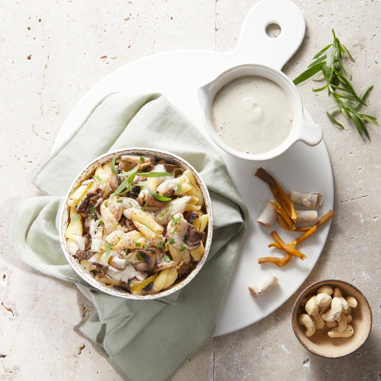 Pâtes à la sauce de pieds de champignons et cajou - Recepten Perfectmix + | Moulinex