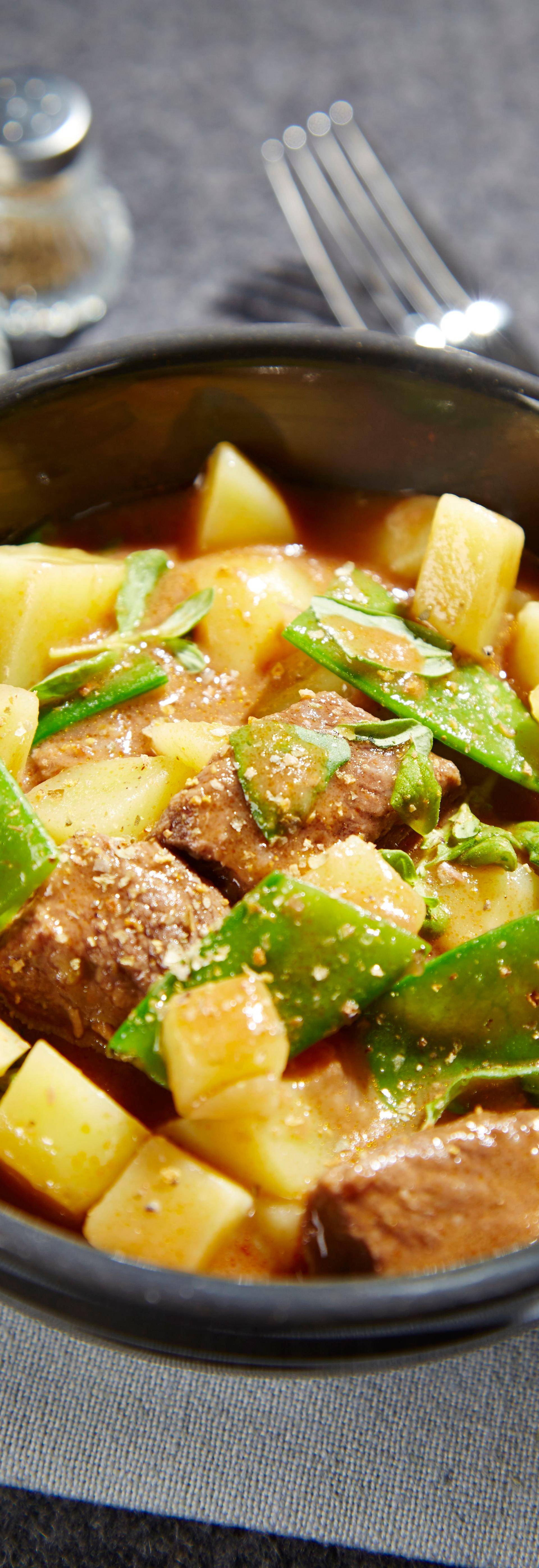 Potage à la viande de bœuf, pommes de terre et mange-tout - Recette Companion Connect | Moulinex