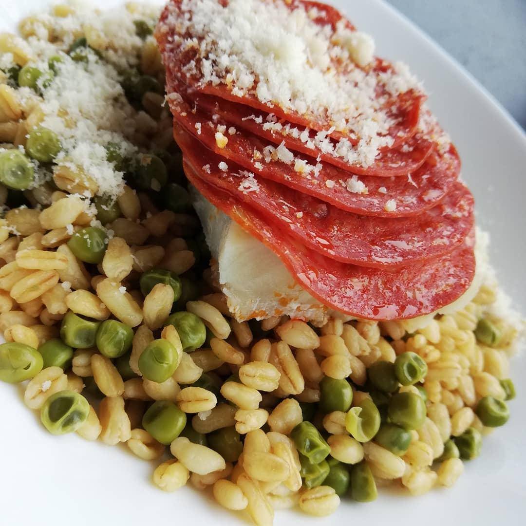 Cabillaud, chorizo, blé et petit pois - Recepten Cookeo | Moulinex