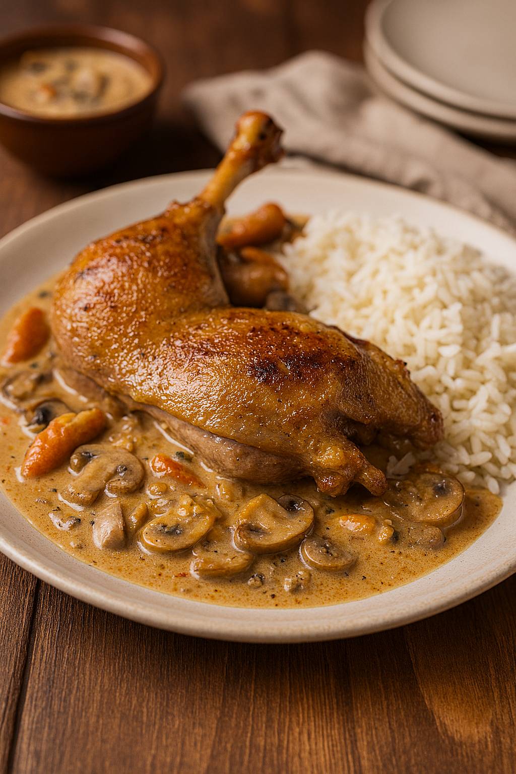 Cuisses de canard au cidre rosé, champignons émincés, crème de coco allégée et moutarde douce - Recette Cookeo 10in1 | Moulinex