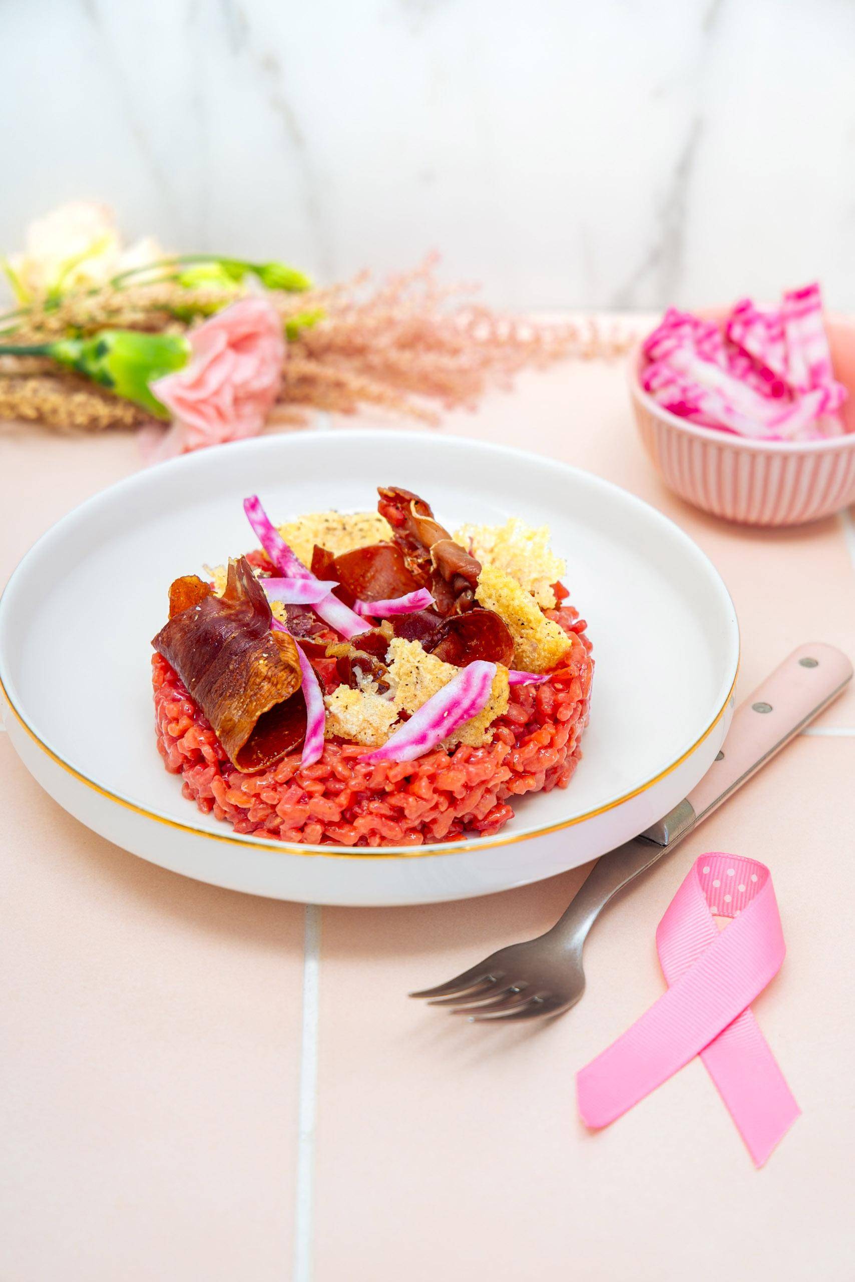 Risotto tout rose, chips de jambon de pays & croustillant parmesan - Recepten Cookeo Infinity 16in1 | Moulinex