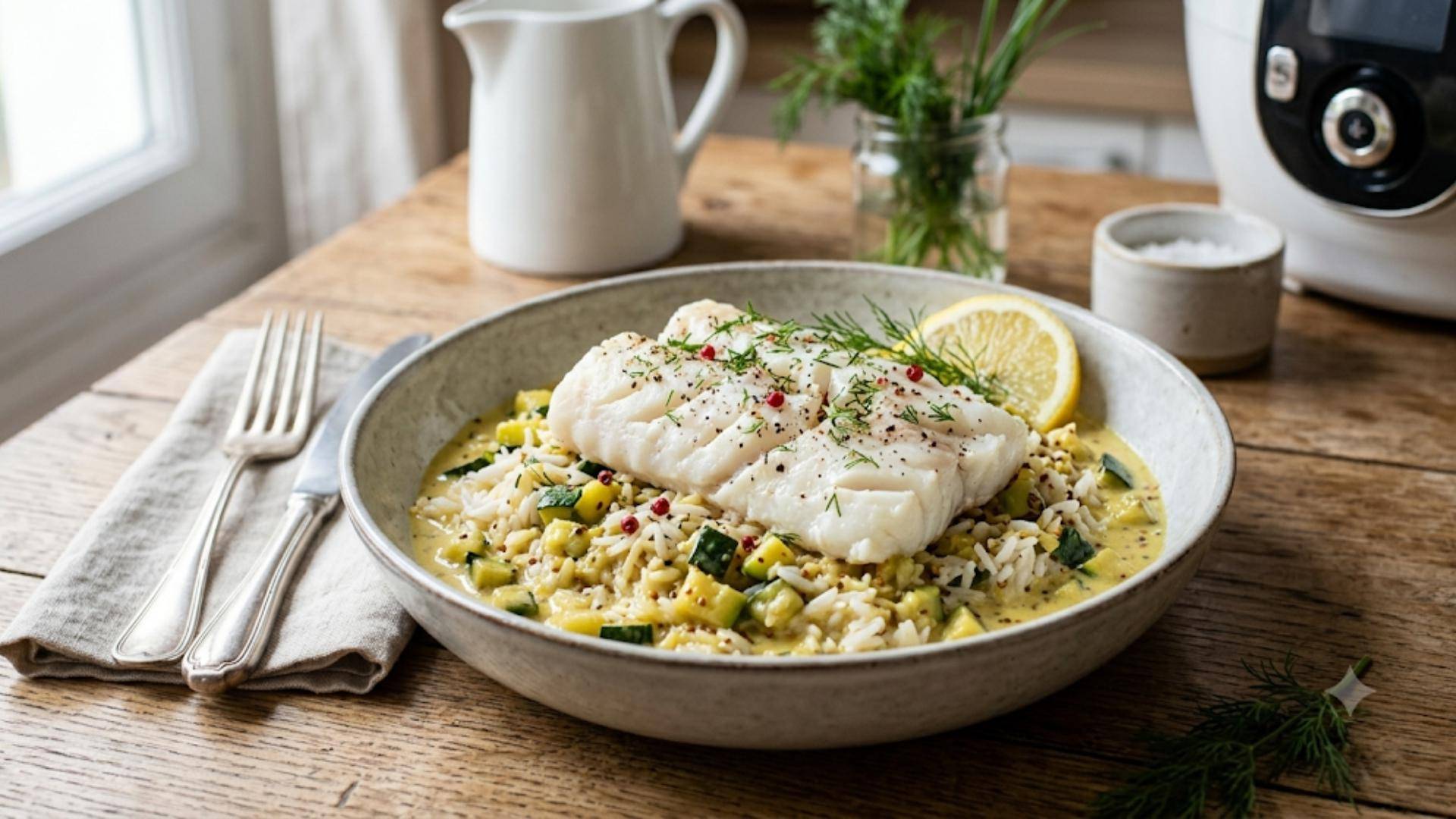 Cabillaud Riz Courgettes crème moutarde - Recette Cookeo Infinity Autostir | Moulinex