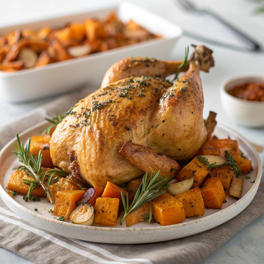 Poulet rôti à l'estragon, pommes de terre, butternut, patate douce au paprika - Recepten Cookeo Infinity 17in1 | Moulinex