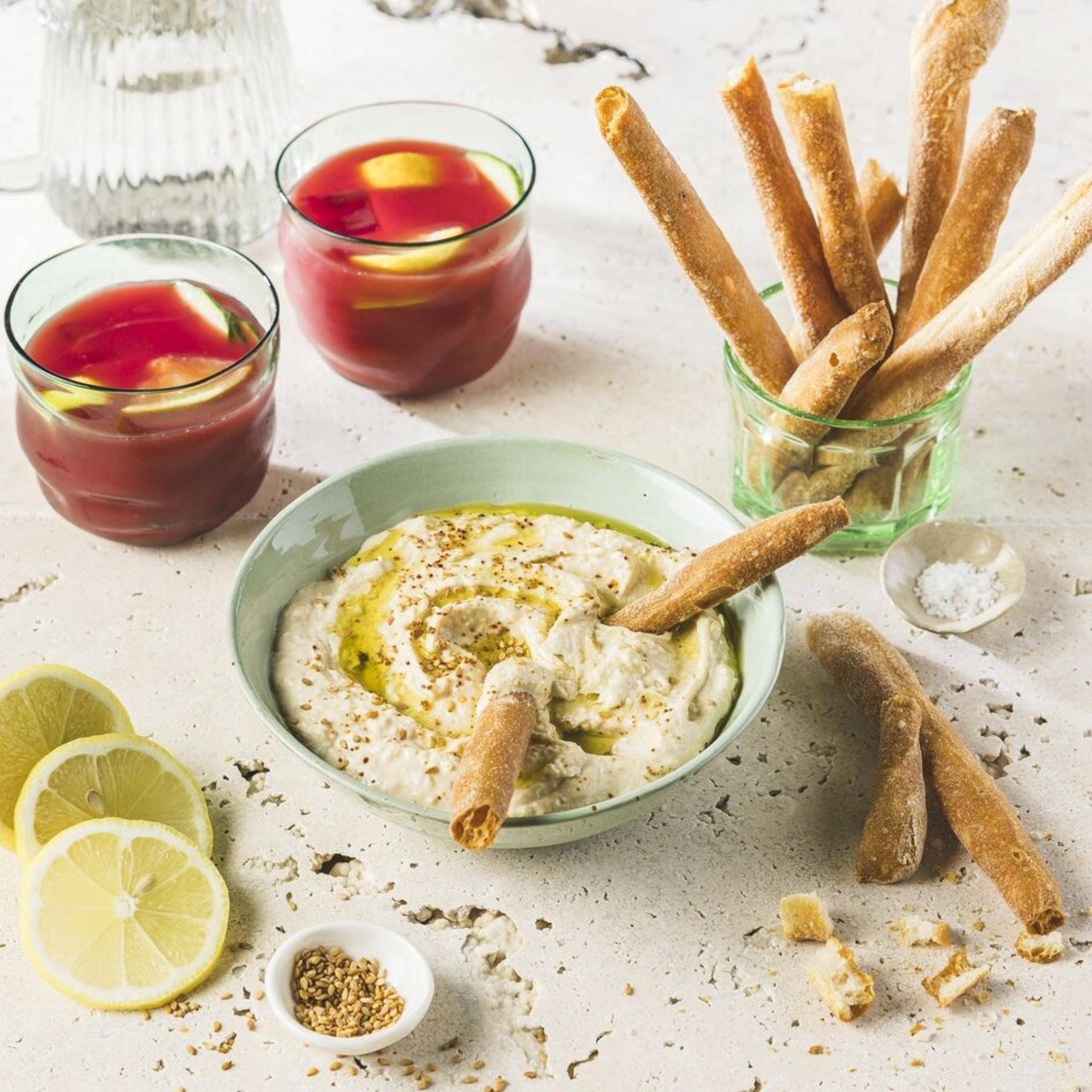 Gressins, houmous et boisson colorée - Recette Companion Connect | Moulinex