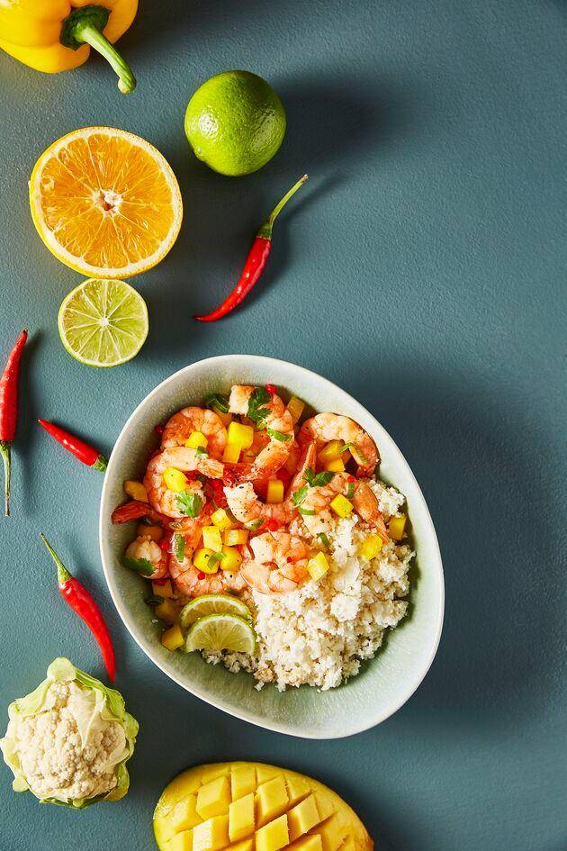 Crevettes à la mangue sur riz de chou-fleur - Recepten Perfectmix + | Moulinex