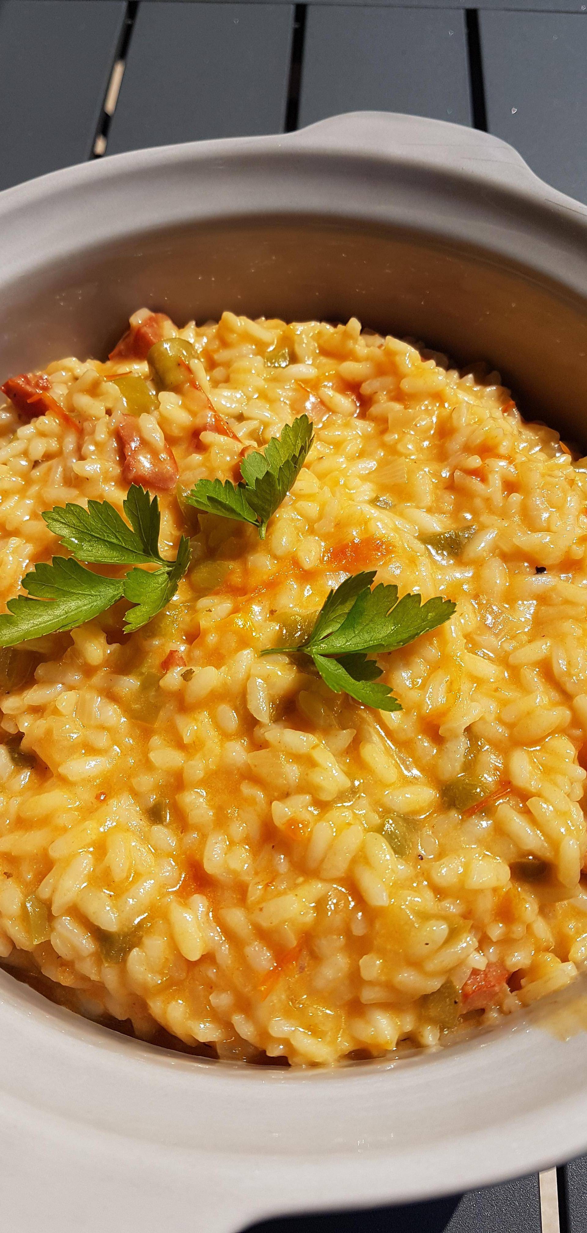 Risotto Chorizo poivrons et queues d'asperges vertes - Recette Cookeo | Moulinex