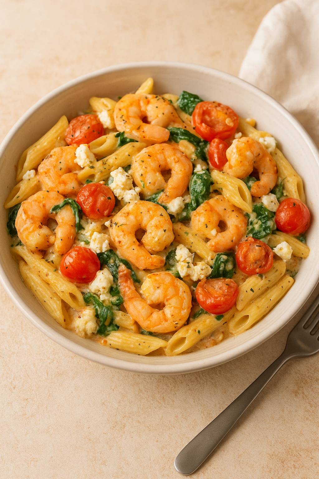 Pâtes aux crevettes, feta, ail et épinard - Recepten Companion Connect XL | Moulinex