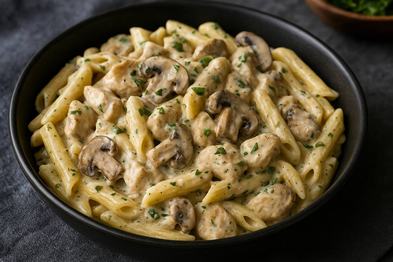Pennes au poulet, champignons, Philadelphia, crème fraîche et herbes fraîches - Recette Cookeo | Moulinex
