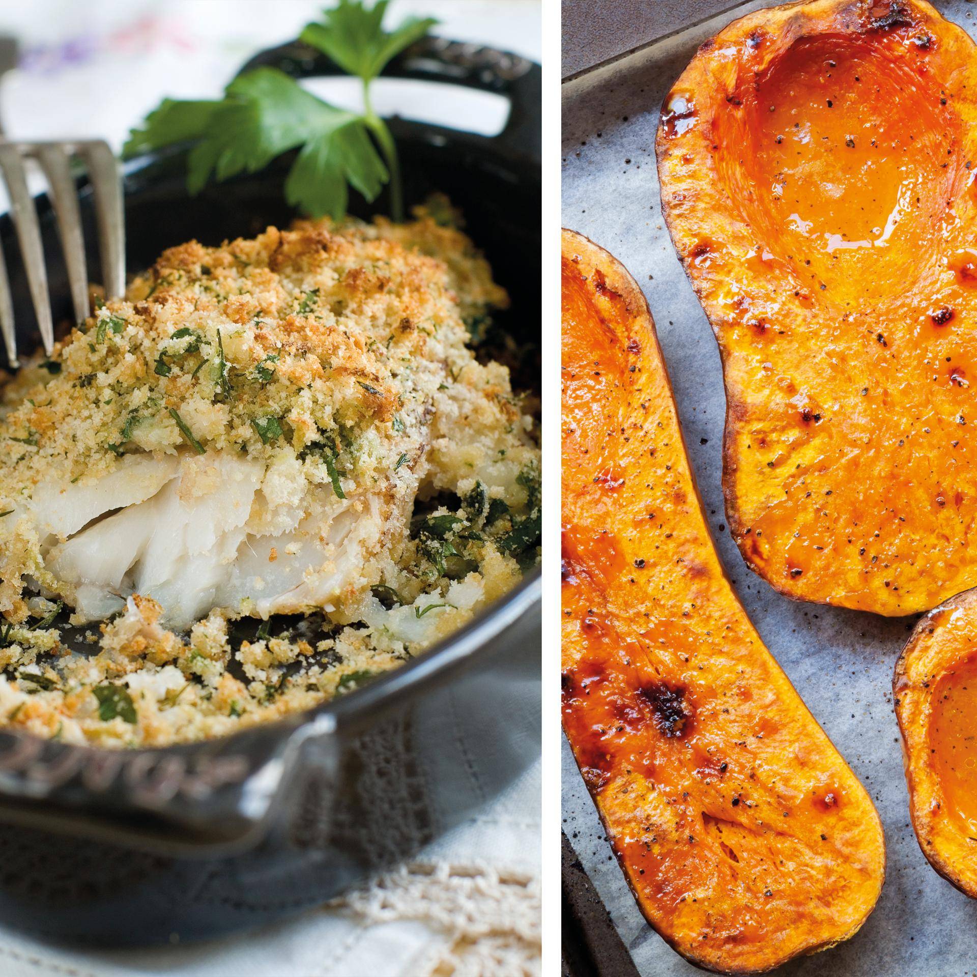 Zeebaars met pistachekorst en geroosterde pompoenhelften - Recepten Dual EasyFry&Grill | Moulinex
